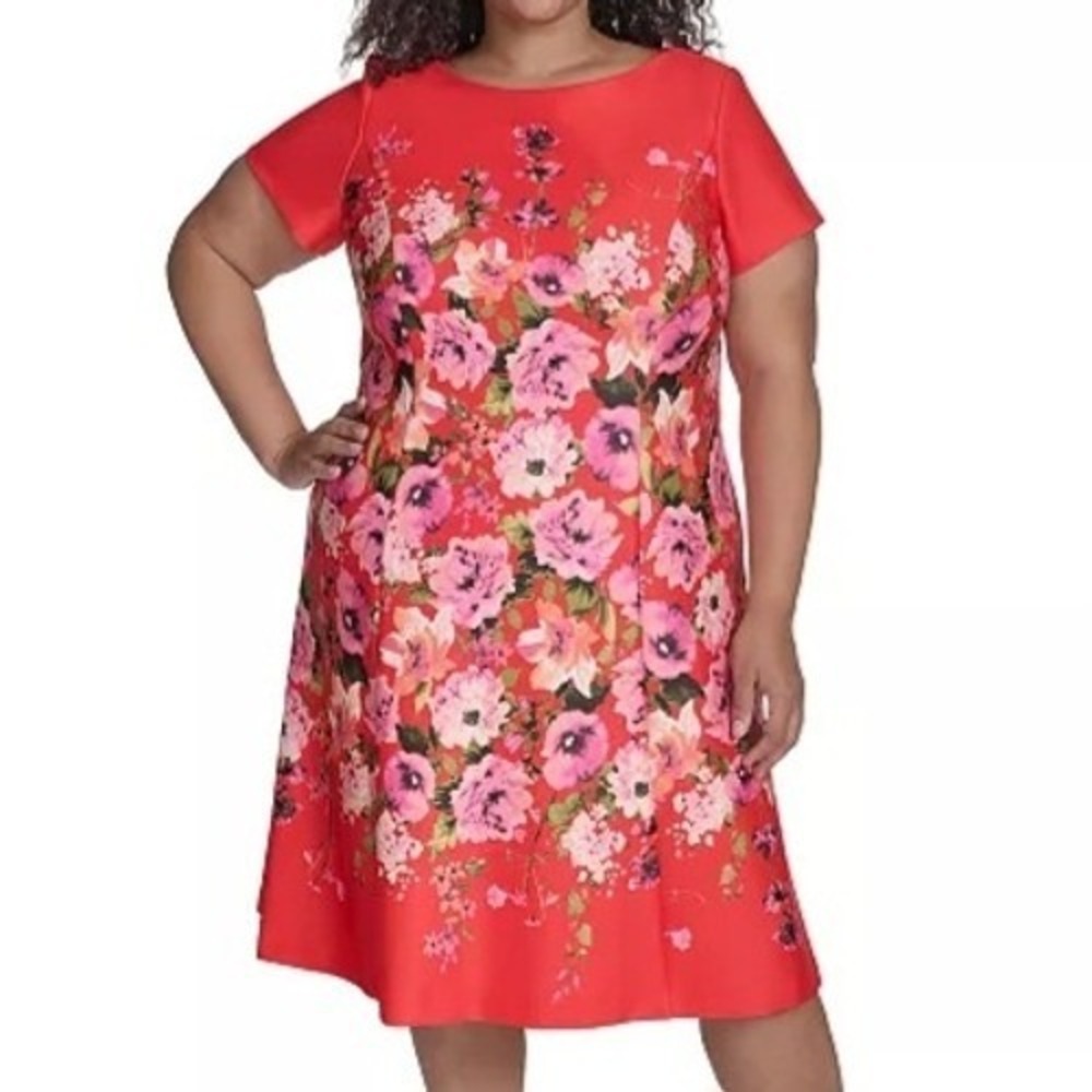 Jessica Howard Floral Boat Neck Fit & Flare Red Midi Dress Womens Size 18W NWT